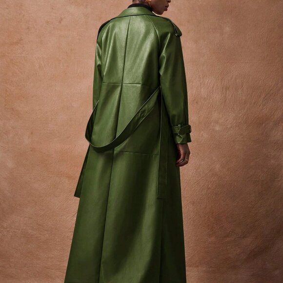 Green Elegant Women's Lapel Polyurethane faux leather Coat - Picture 2 of 8